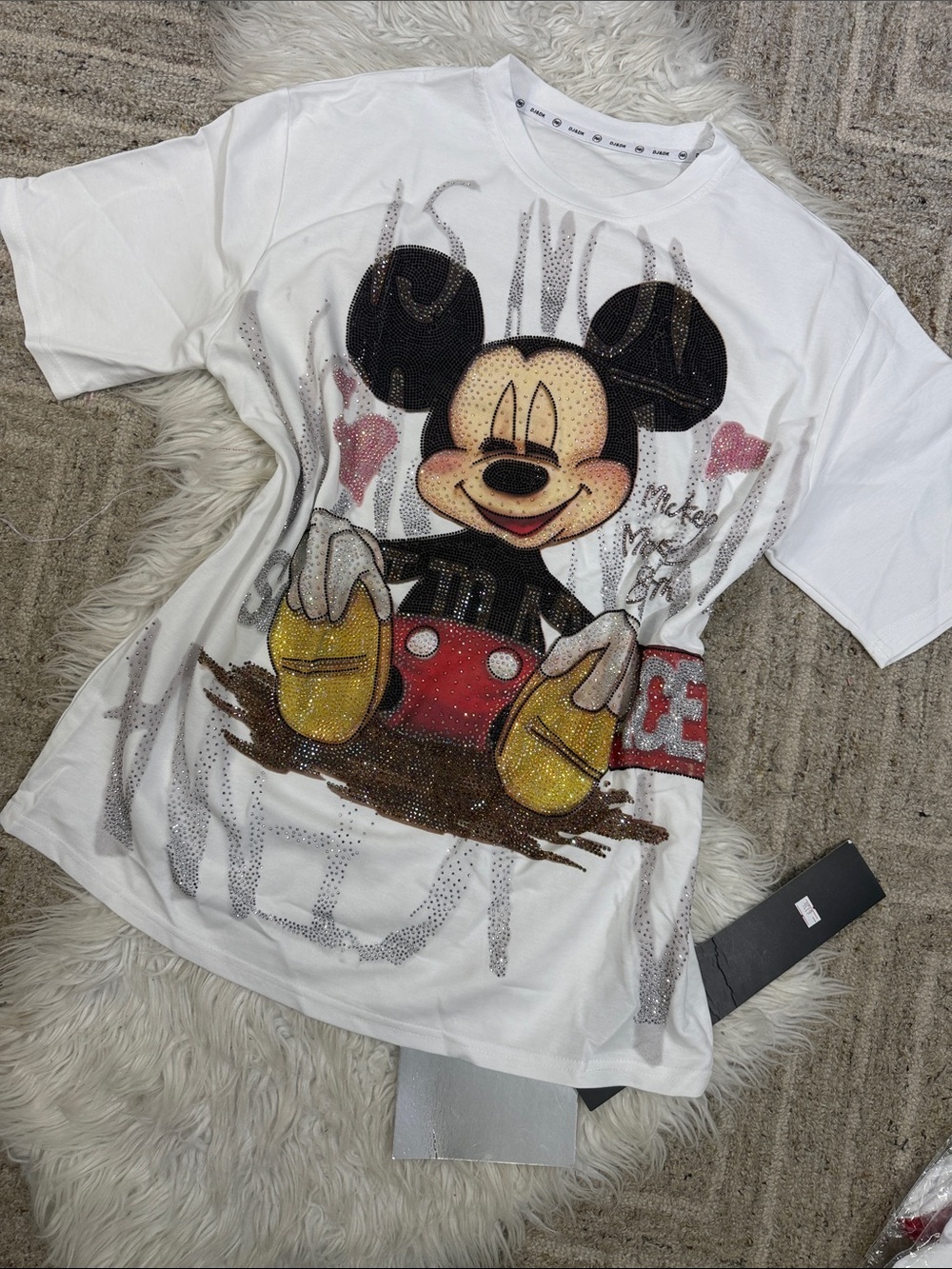 White Mickey Mouse Graphic Short Sleeve Tee with Rhinestone Detail